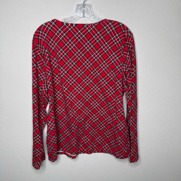 Talbots XL Red Plaid Long Sleeve Stretch Tee Cotton Blend Holiday Top - Picture 5 of 6